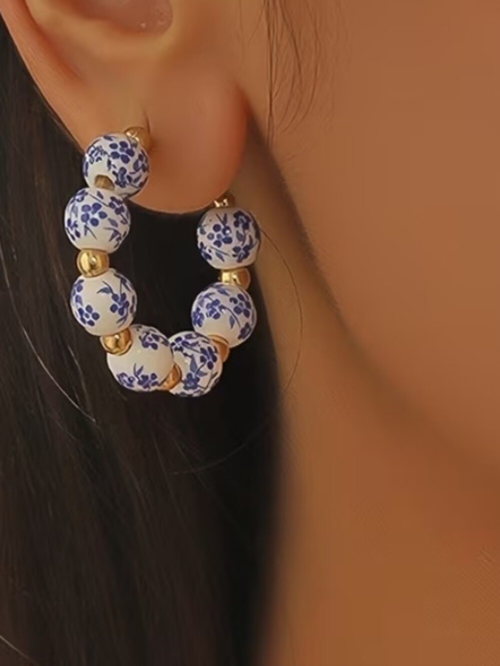 Blue and White Beaded Hoop Earrings with Gold Accents